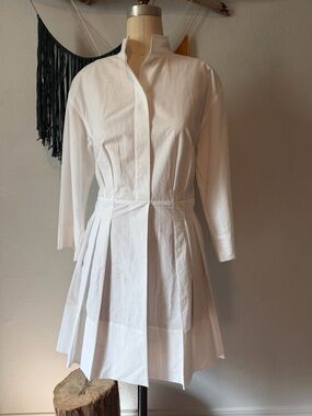 Vince White Pleated Long-Sleeve Shirt Dress